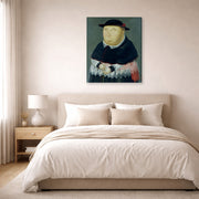 Gallery-wrapped canvas print of Fernando Botero's The Bishop displayed on a wall in a bedroom