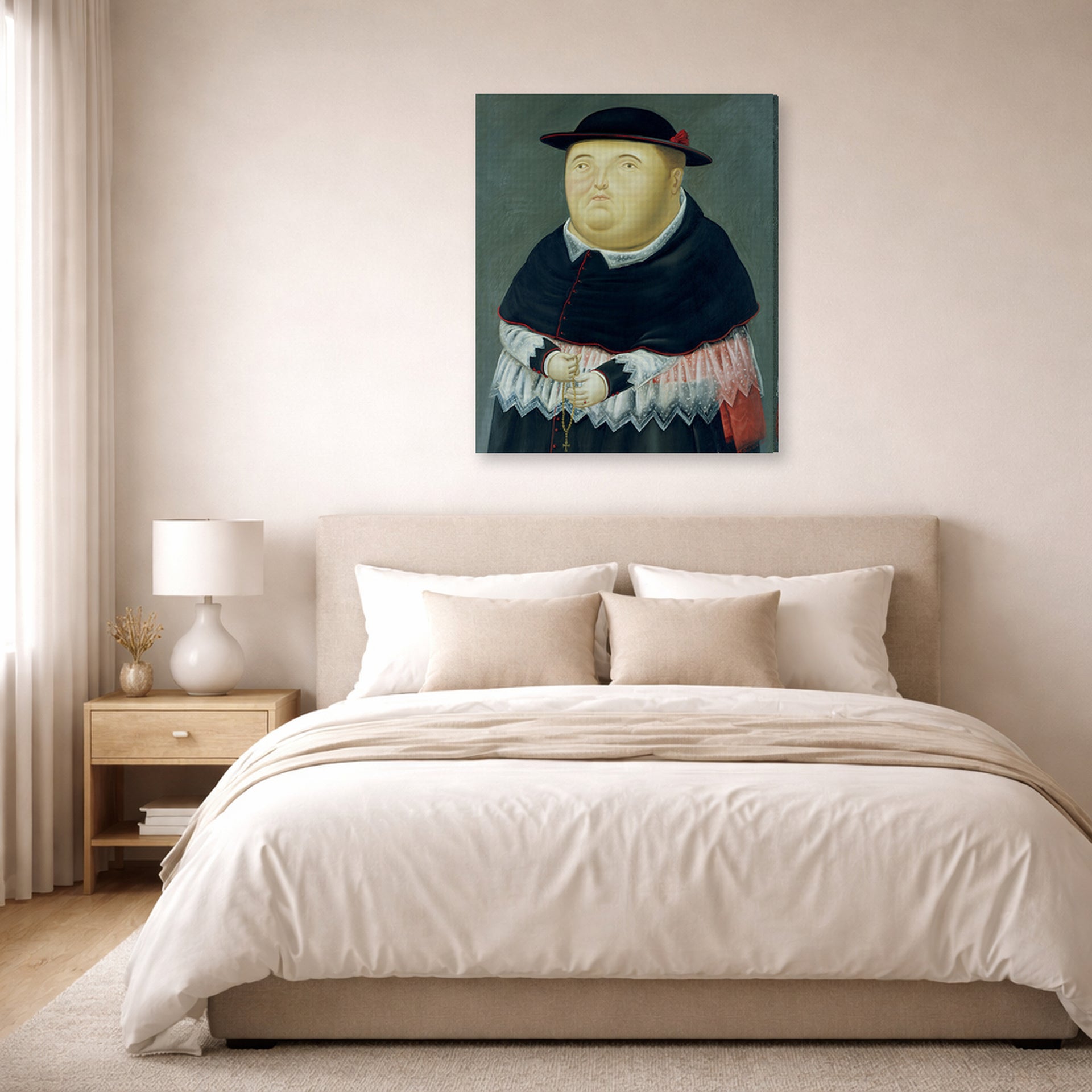 Gallery-wrapped canvas print of Fernando Botero's The Bishop displayed on a wall in a bedroom