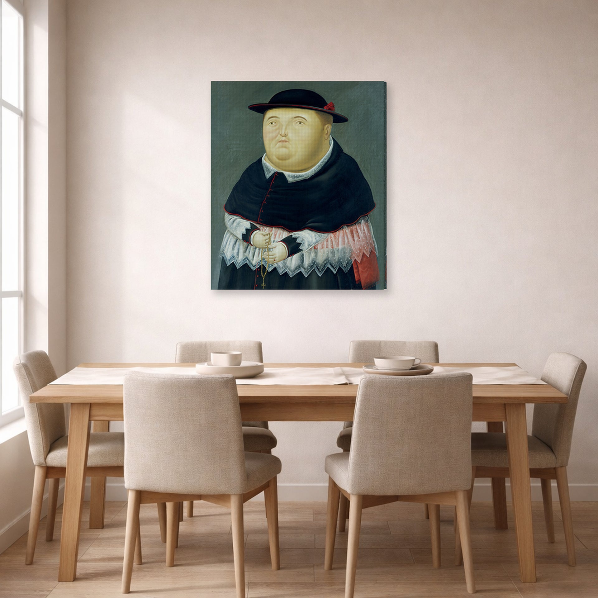 Gallery-wrapped canvas print of Fernando Botero's The Bishop displayed on a wall in a dining room