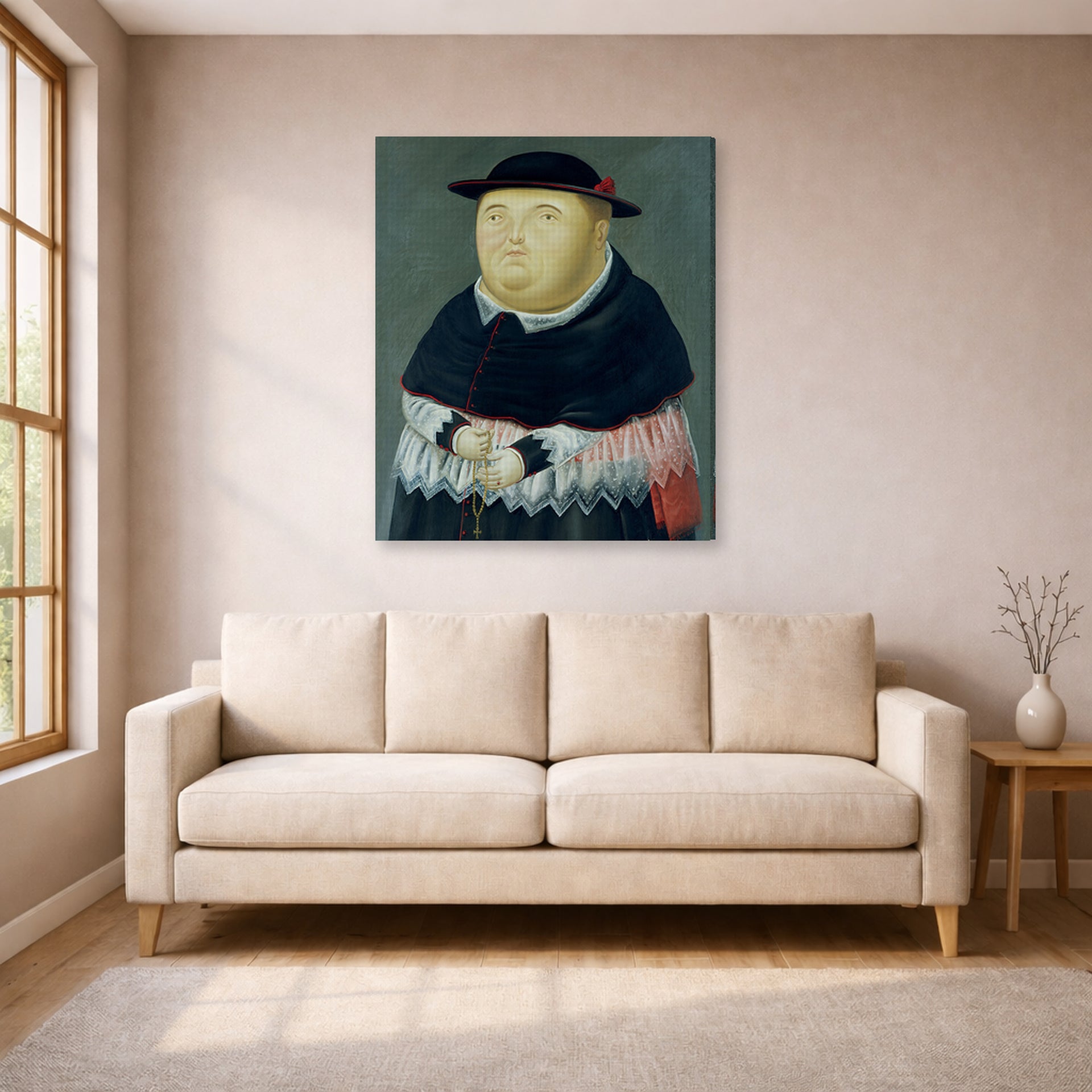 Gallery-wrapped canvas print of Fernando Botero's The Bishop displayed on a wall in a living room