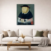 Gallery-wrapped canvas print of Fernando Botero's The Bishop displayed on a wall in a living room
