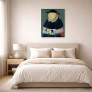 Unframed poster print of Fernando Botero's The Bishop displayed on a wall in a bedroom