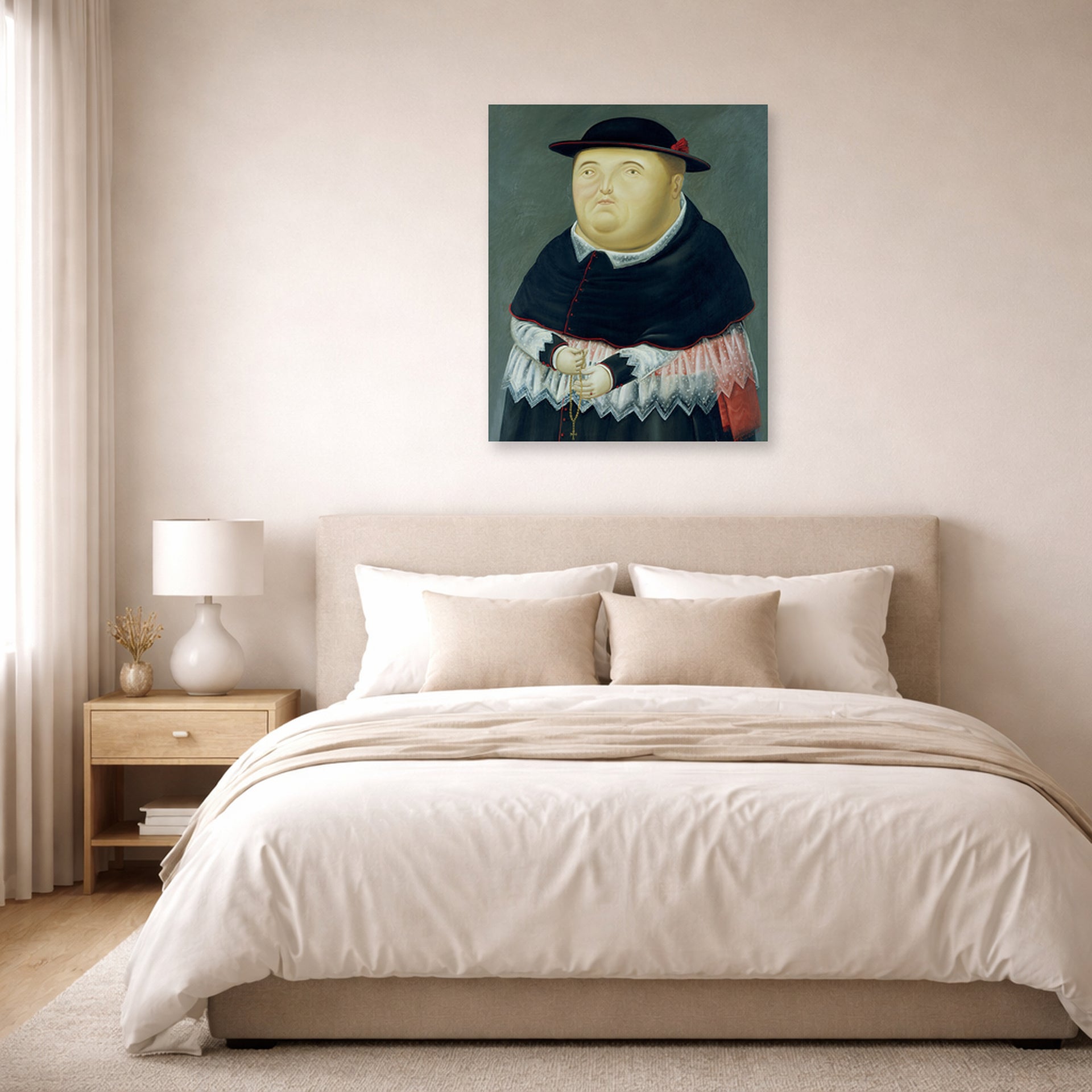Unframed poster print of Fernando Botero's The Bishop displayed on a wall in a bedroom
