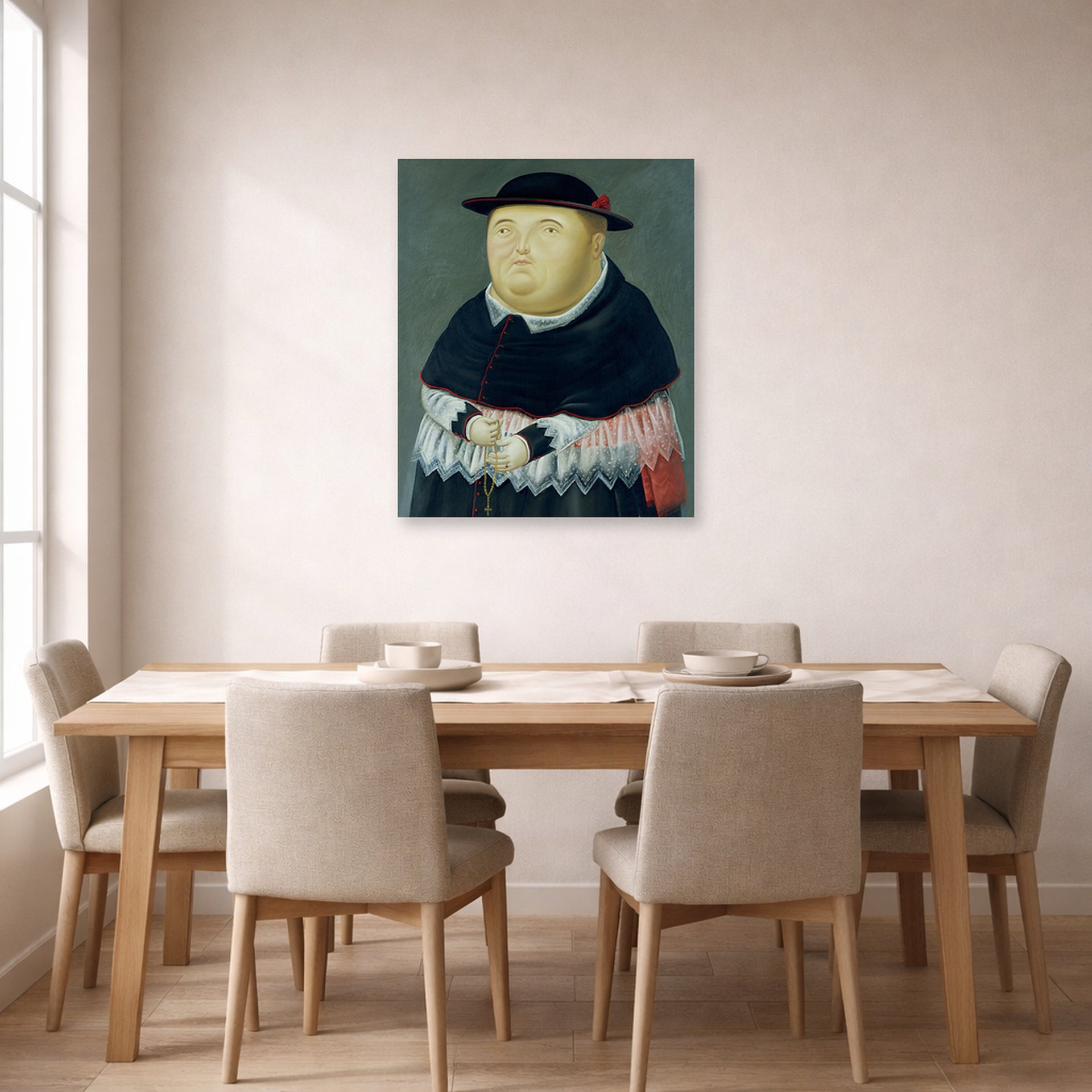 Unframed poster print of Fernando Botero's The Bishop displayed on a wall in a dining room