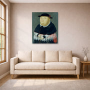 Unframed poster print of Fernando Botero's The Bishop displayed on a wall in a living room