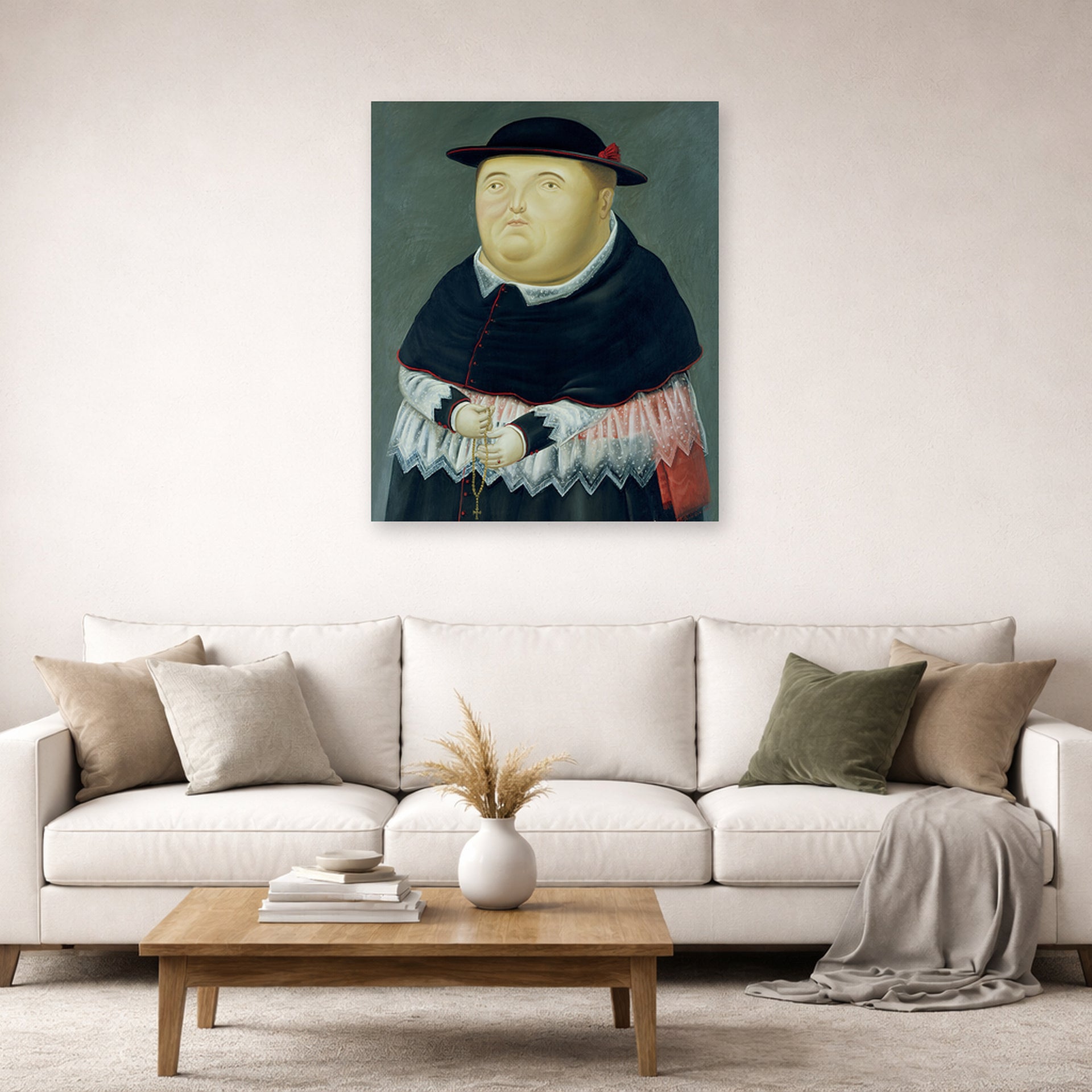 Unframed poster print of Fernando Botero's The Bishop displayed on a wall in a living room