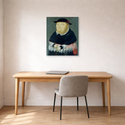 Unframed poster print of Fernando Botero's The Bishop displayed on a wall in a home office