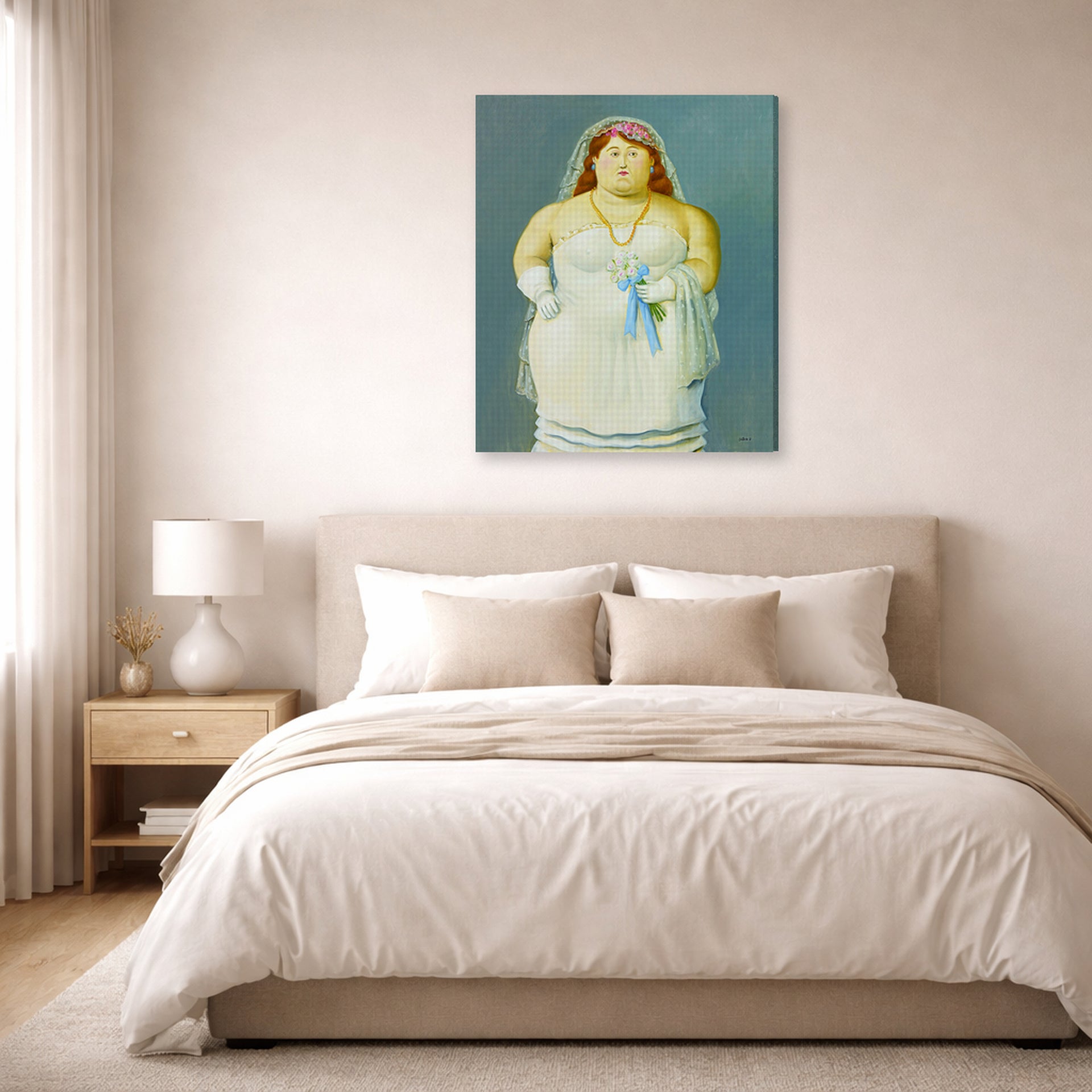 Gallery-wrapped canvas print of Fernando Botero's The Bride displayed on a wall in a bedroom