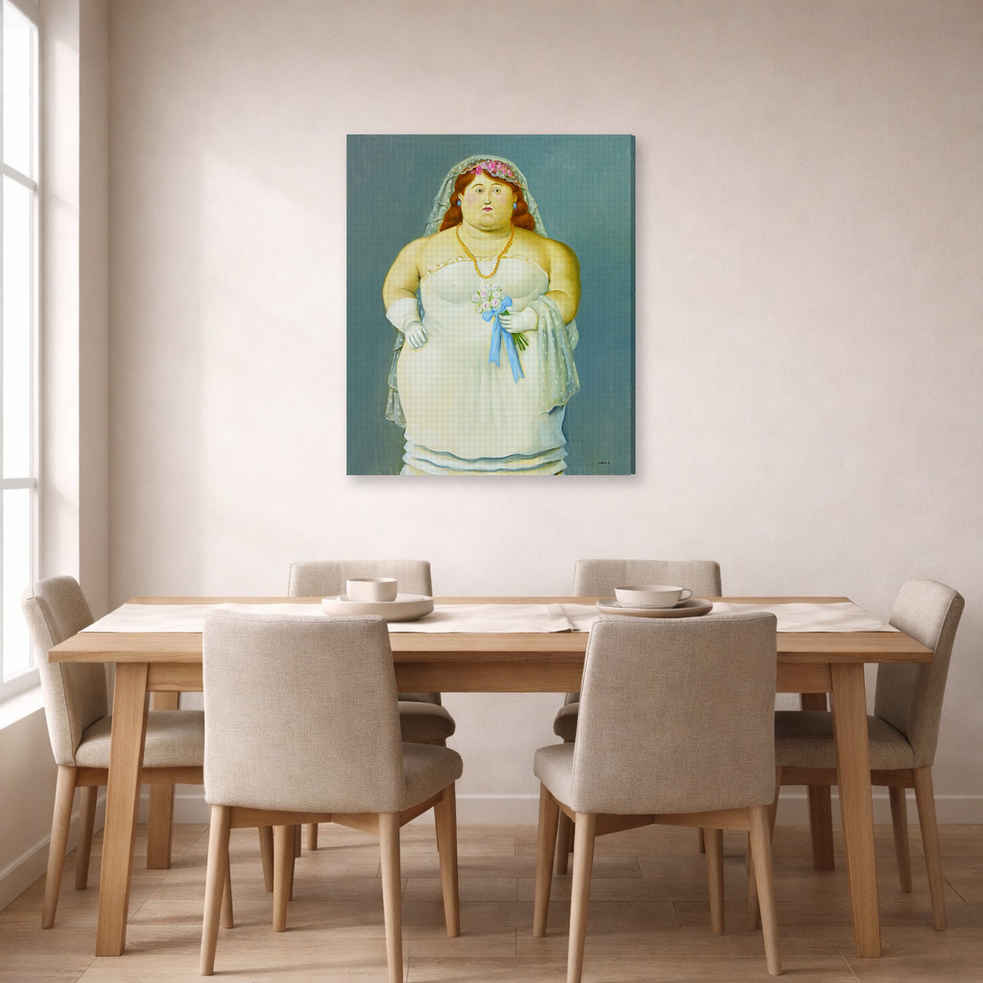 Gallery-wrapped canvas print of Fernando Botero's The Bride displayed on a wall in a dining room
