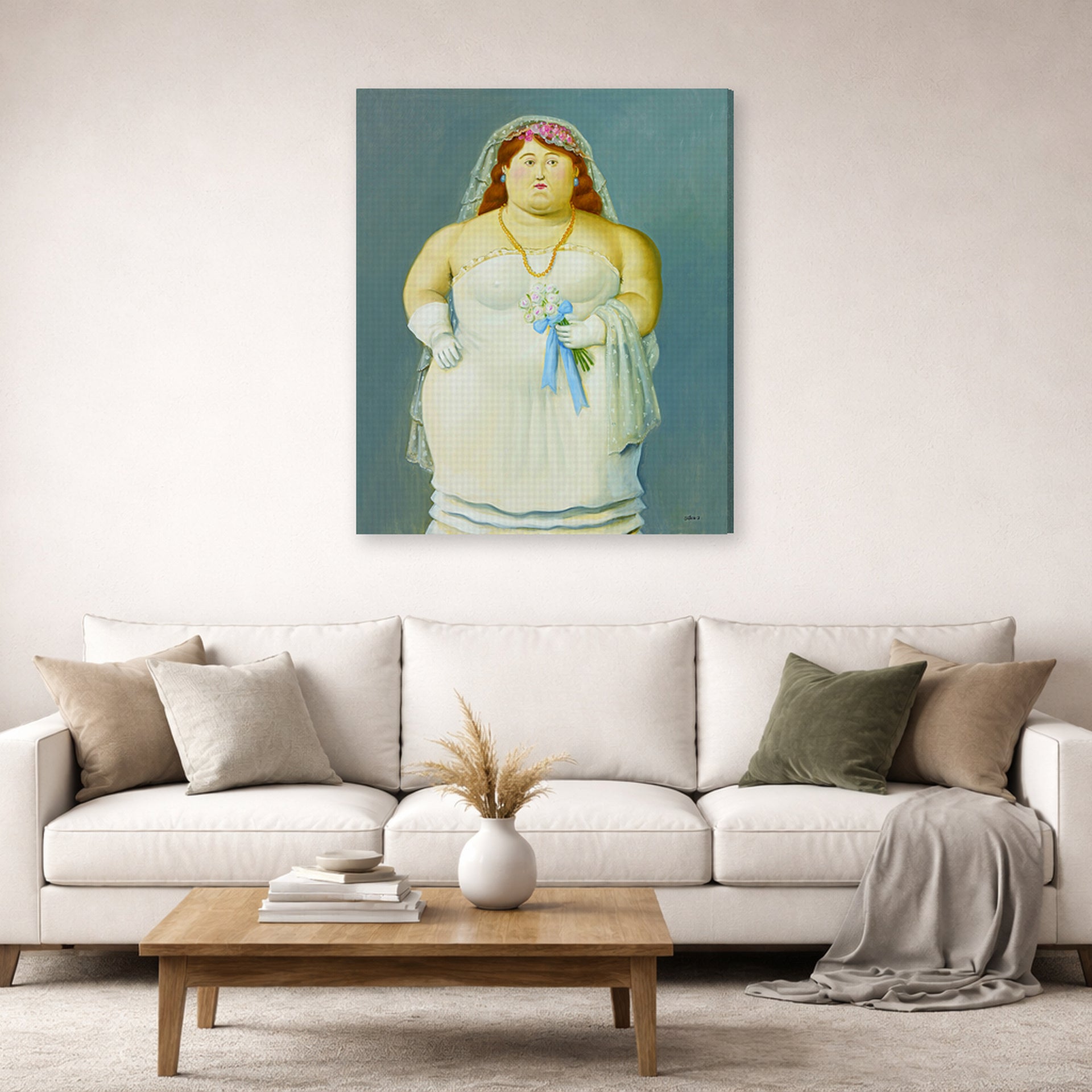 Gallery-wrapped canvas print of Fernando Botero's The Bride displayed on a wall in a living room