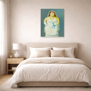 Unframed poster print of Fernando Botero's The Bride displayed on a wall in a bedroom