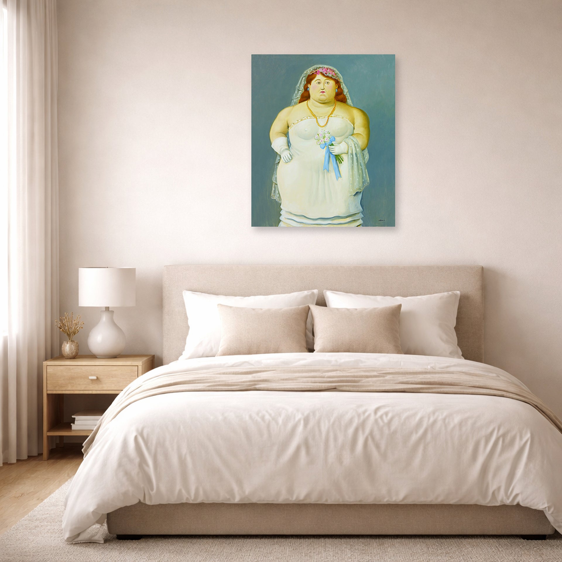 Unframed poster print of Fernando Botero's The Bride displayed on a wall in a bedroom
