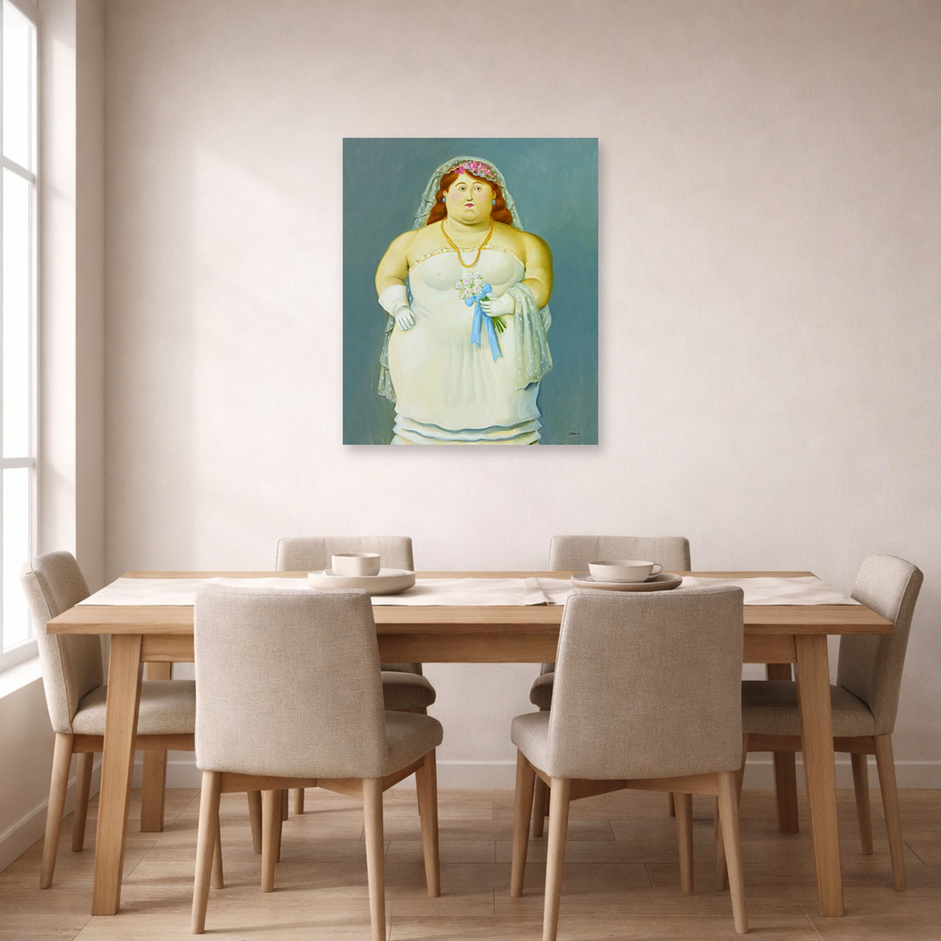 Unframed poster print of Fernando Botero's The Bride displayed on a wall in a dining room