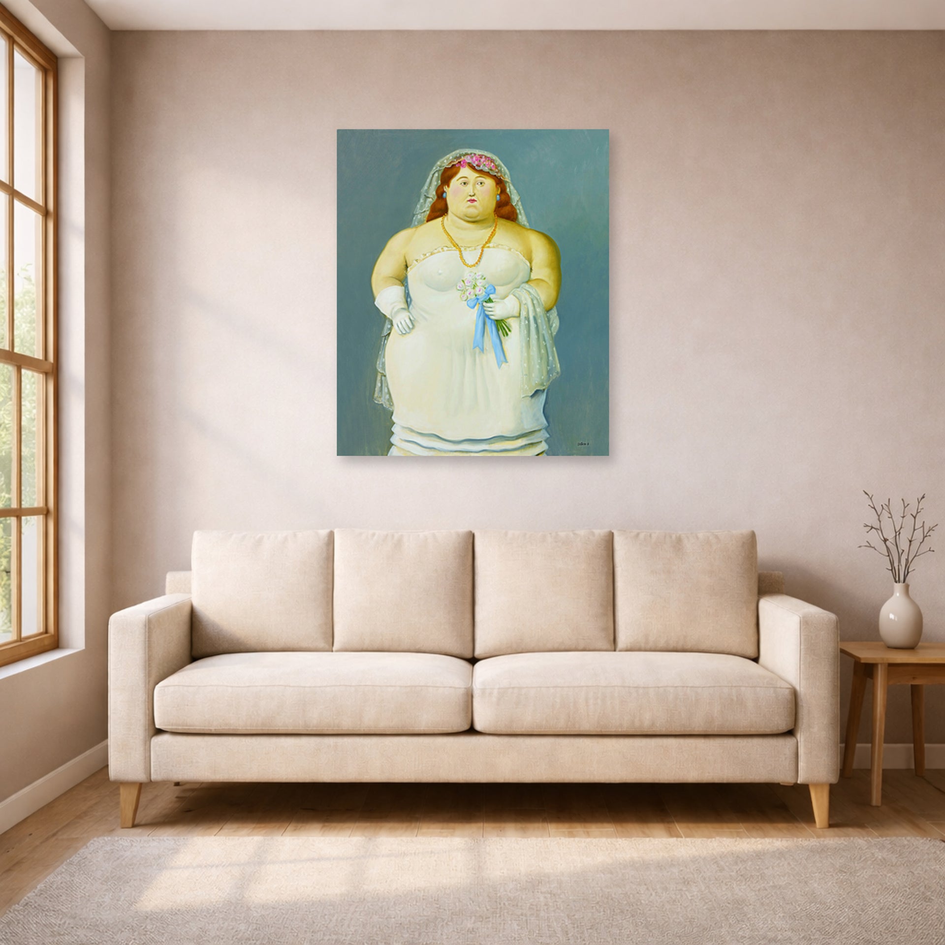 Unframed poster print of Fernando Botero's The Bride displayed on a wall in a living room
