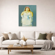 Unframed poster print of Fernando Botero's The Bride displayed on a wall in a living room