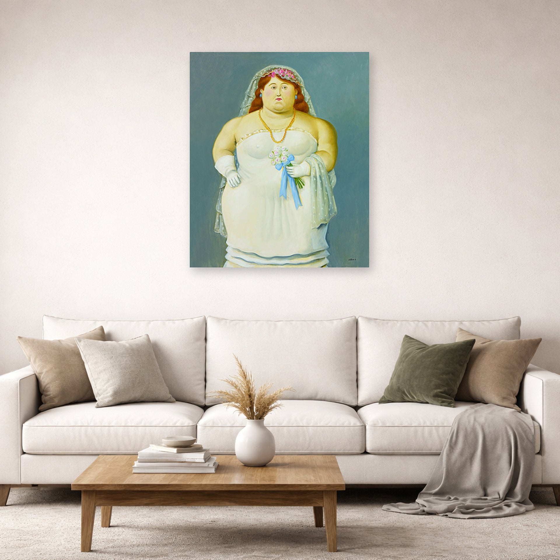 Unframed poster print of Fernando Botero's The Bride displayed on a wall in a living room