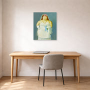 Unframed poster print of Fernando Botero's The Bride displayed on a wall in a home office