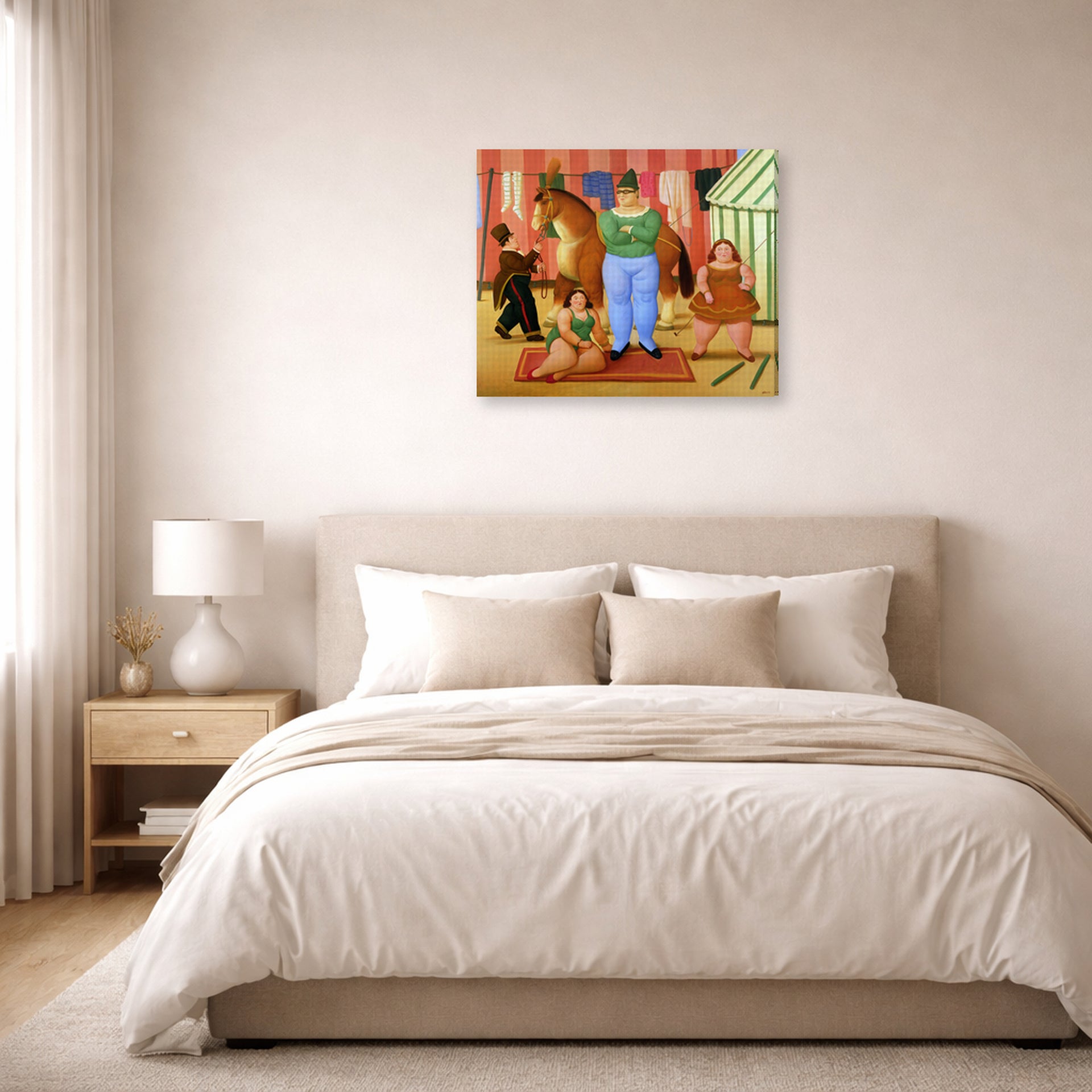Gallery-wrapped canvas print of Fernando Botero's The Circus displayed on a wall in a bedroom