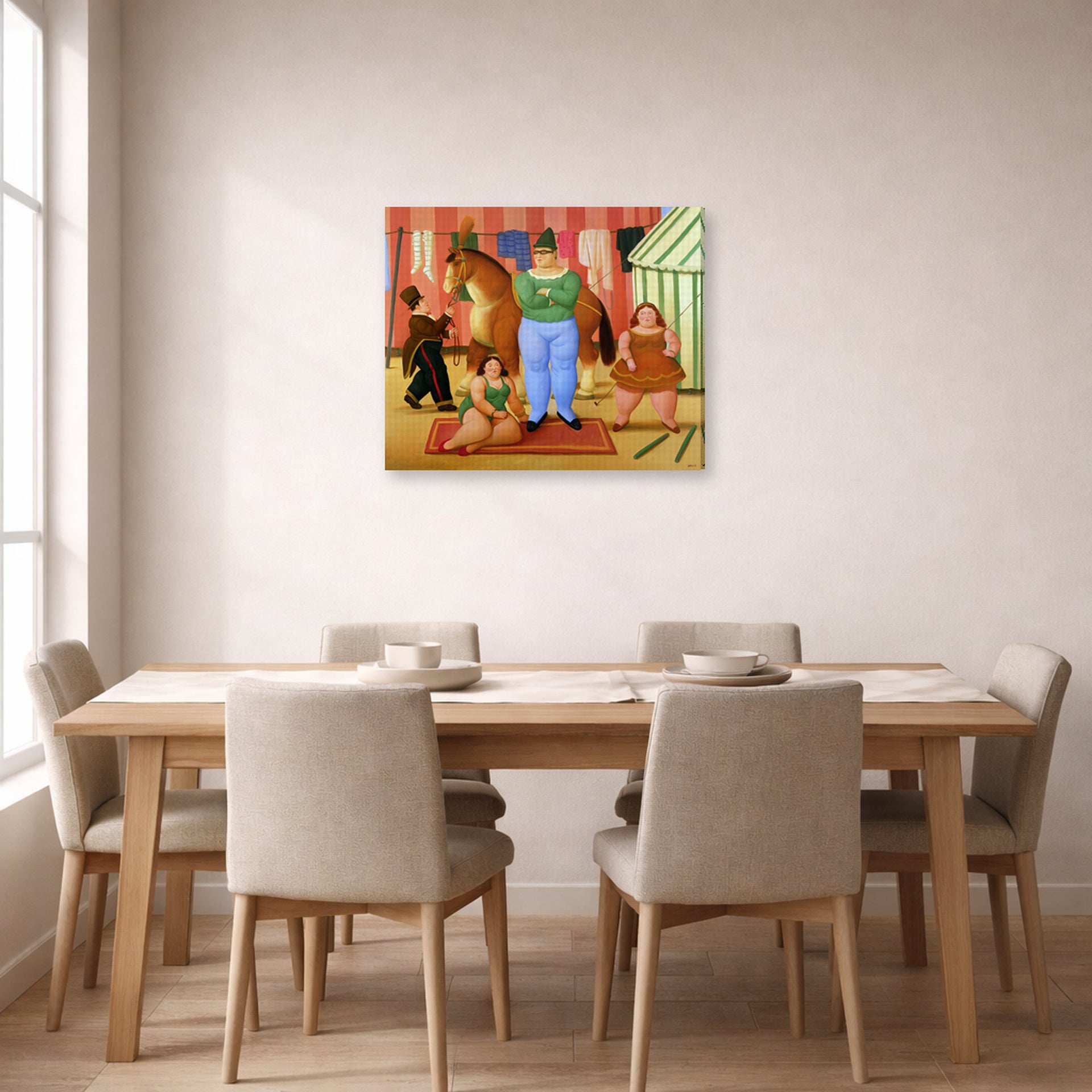 Gallery-wrapped canvas print of Fernando Botero's The Circus displayed on a wall in a dining room