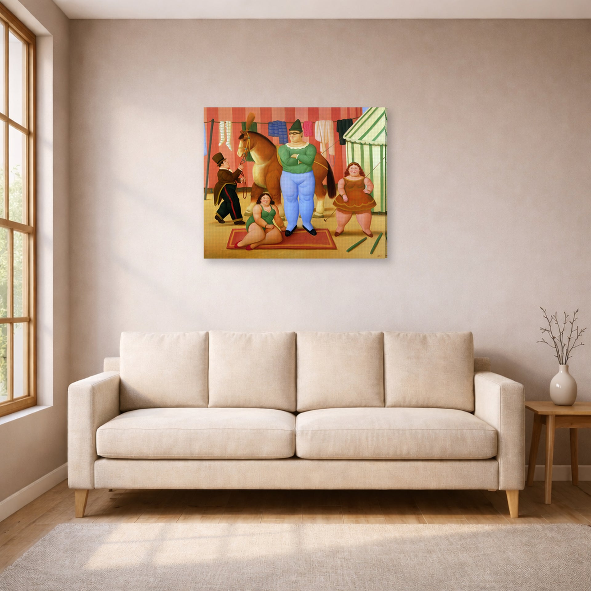 Gallery-wrapped canvas print of Fernando Botero's The Circus displayed on a wall in a living room