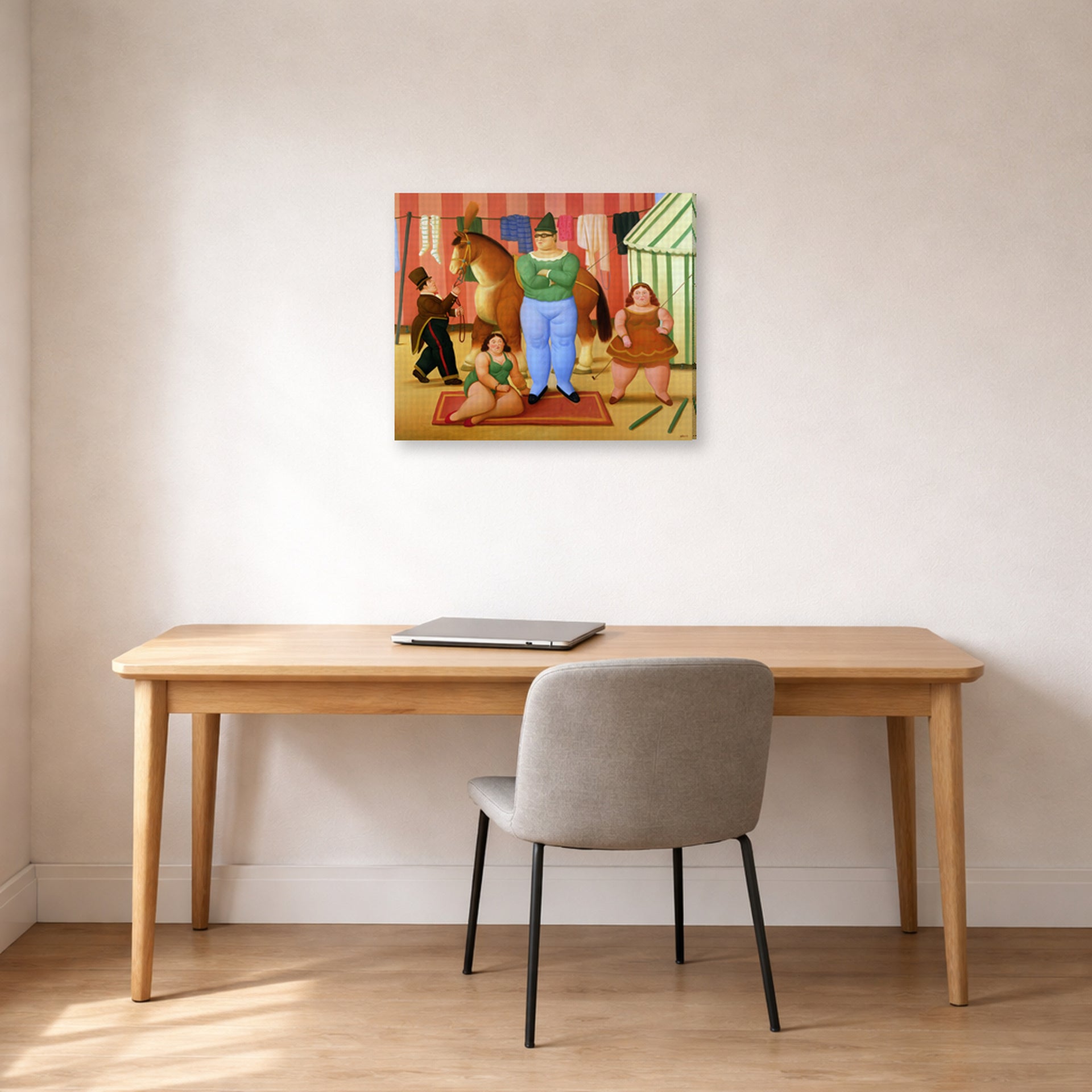 Gallery-wrapped canvas print of Fernando Botero's The Circus displayed on a wall in a home office