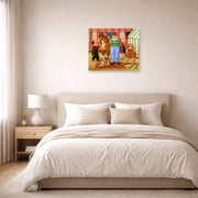 Unframed poster print of Fernando Botero's The Circus displayed on a wall in a bedroom