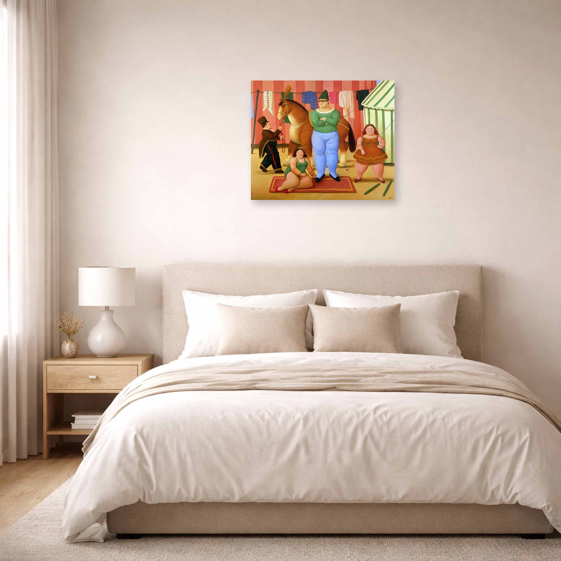 Unframed poster print of Fernando Botero's The Circus displayed on a wall in a bedroom