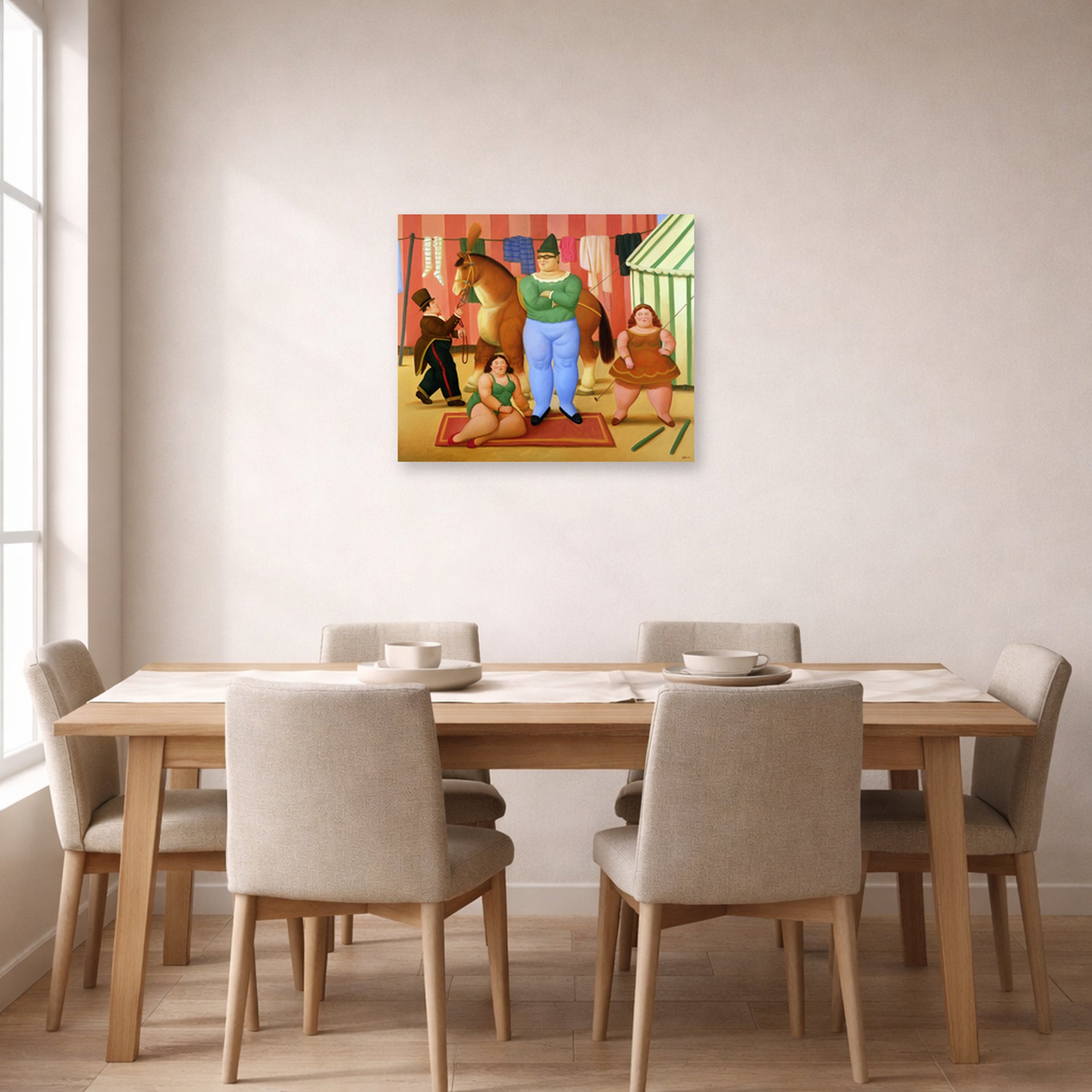 Unframed poster print of Fernando Botero's The Circus displayed on a wall in a dining room
