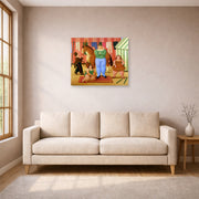 Unframed poster print of Fernando Botero's The Circus displayed on a wall in a living room