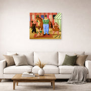 Unframed poster print of Fernando Botero's The Circus displayed on a wall in a living room