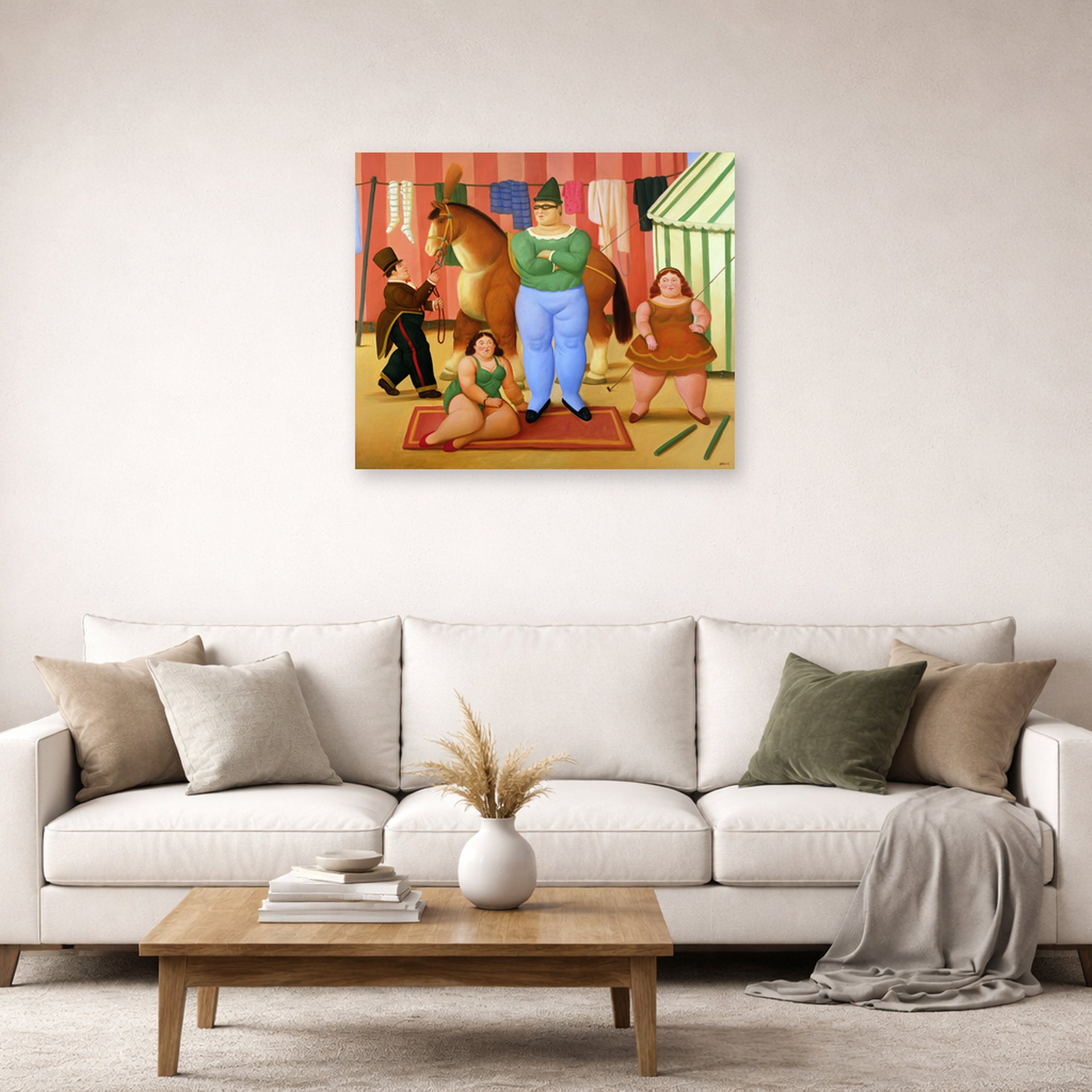 Unframed poster print of Fernando Botero's The Circus displayed on a wall in a living room