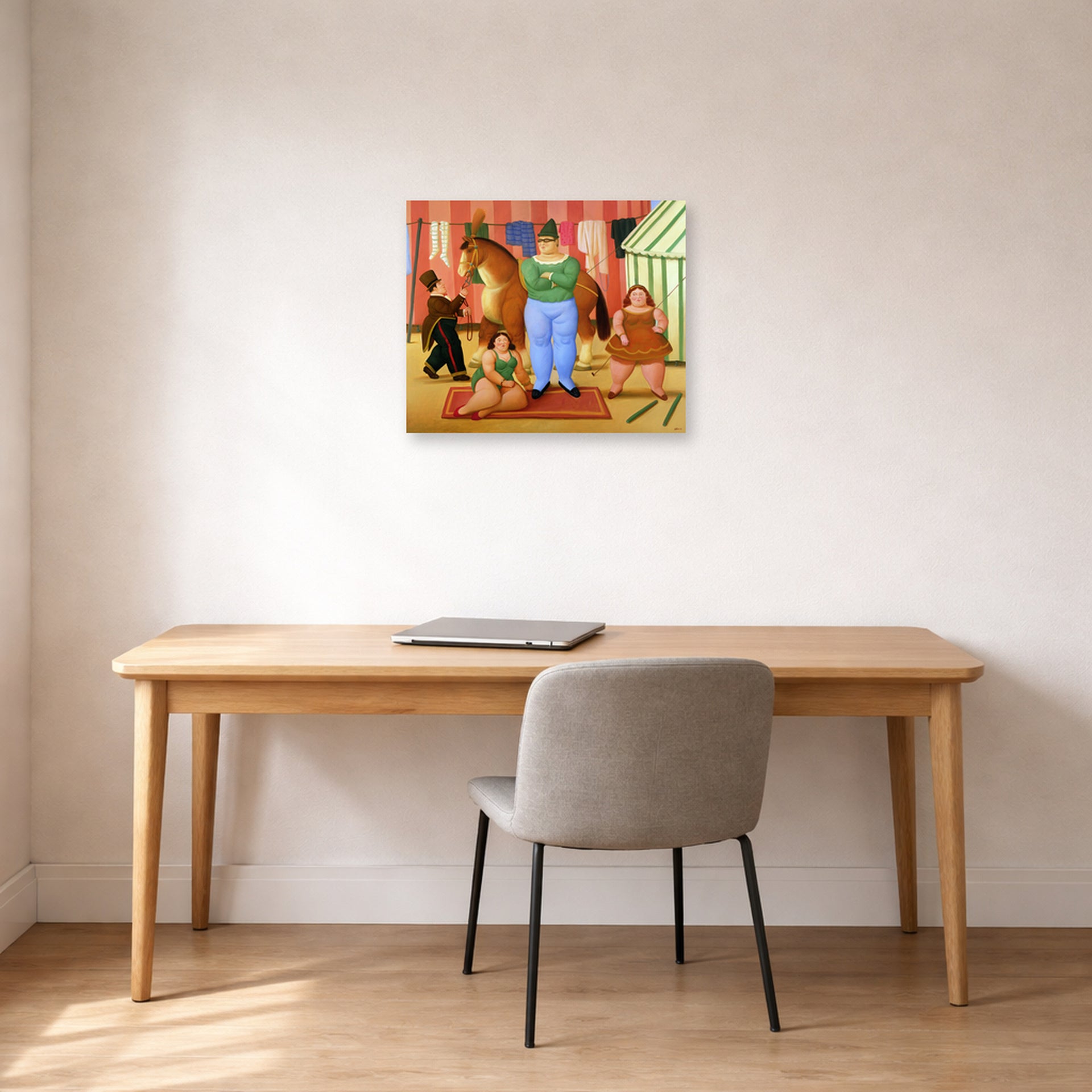 Unframed poster print of Fernando Botero's The Circus displayed on a wall in a home office