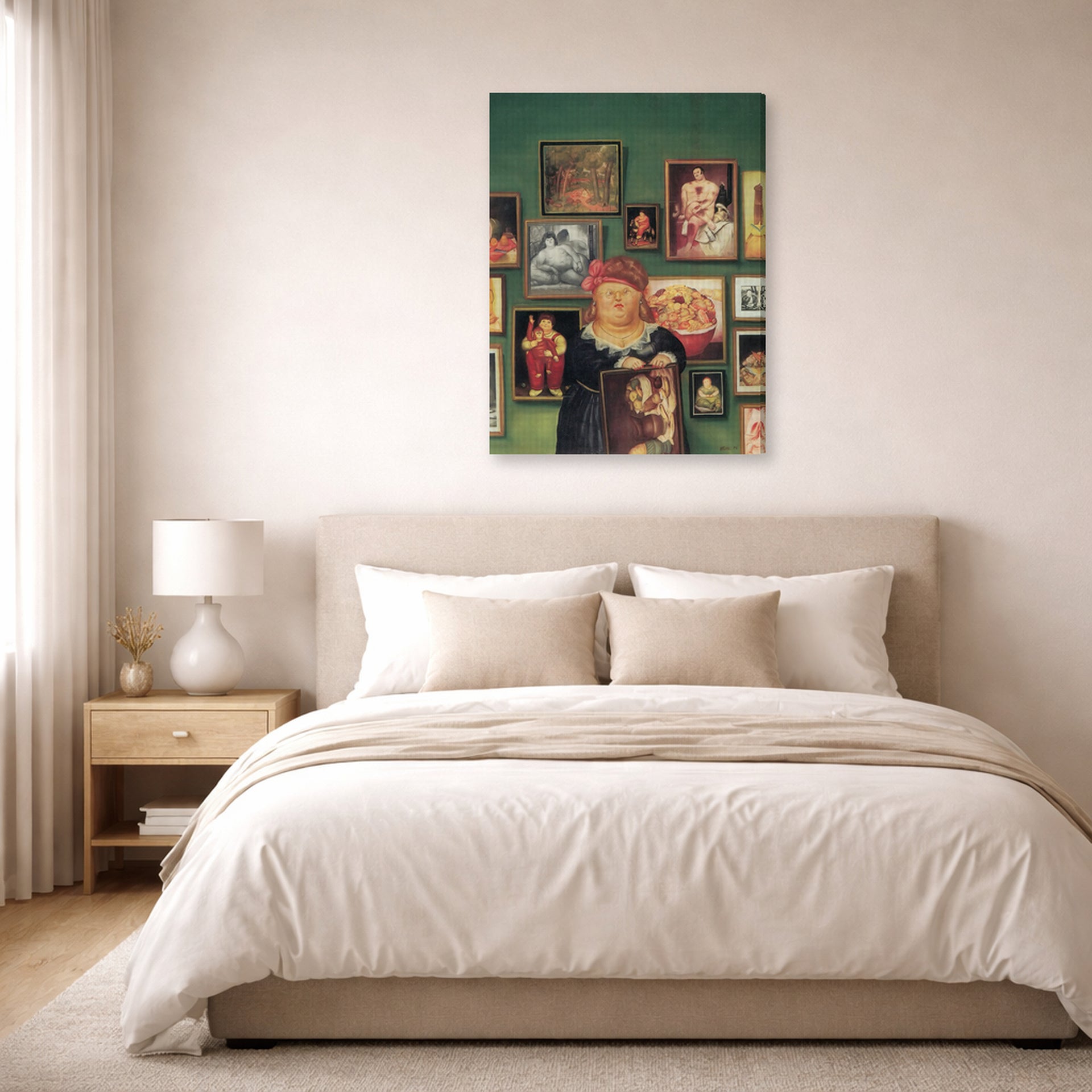 Gallery-wrapped canvas print of Fernando Botero's The Collector displayed on a wall in a bedroom