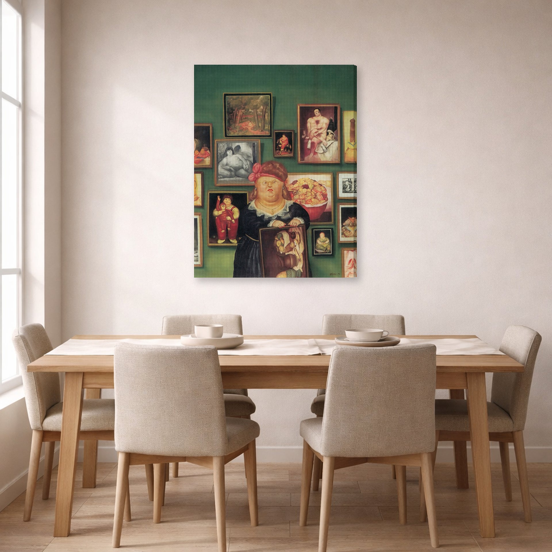 Gallery-wrapped canvas print of Fernando Botero's The Collector displayed on a wall in a dining room