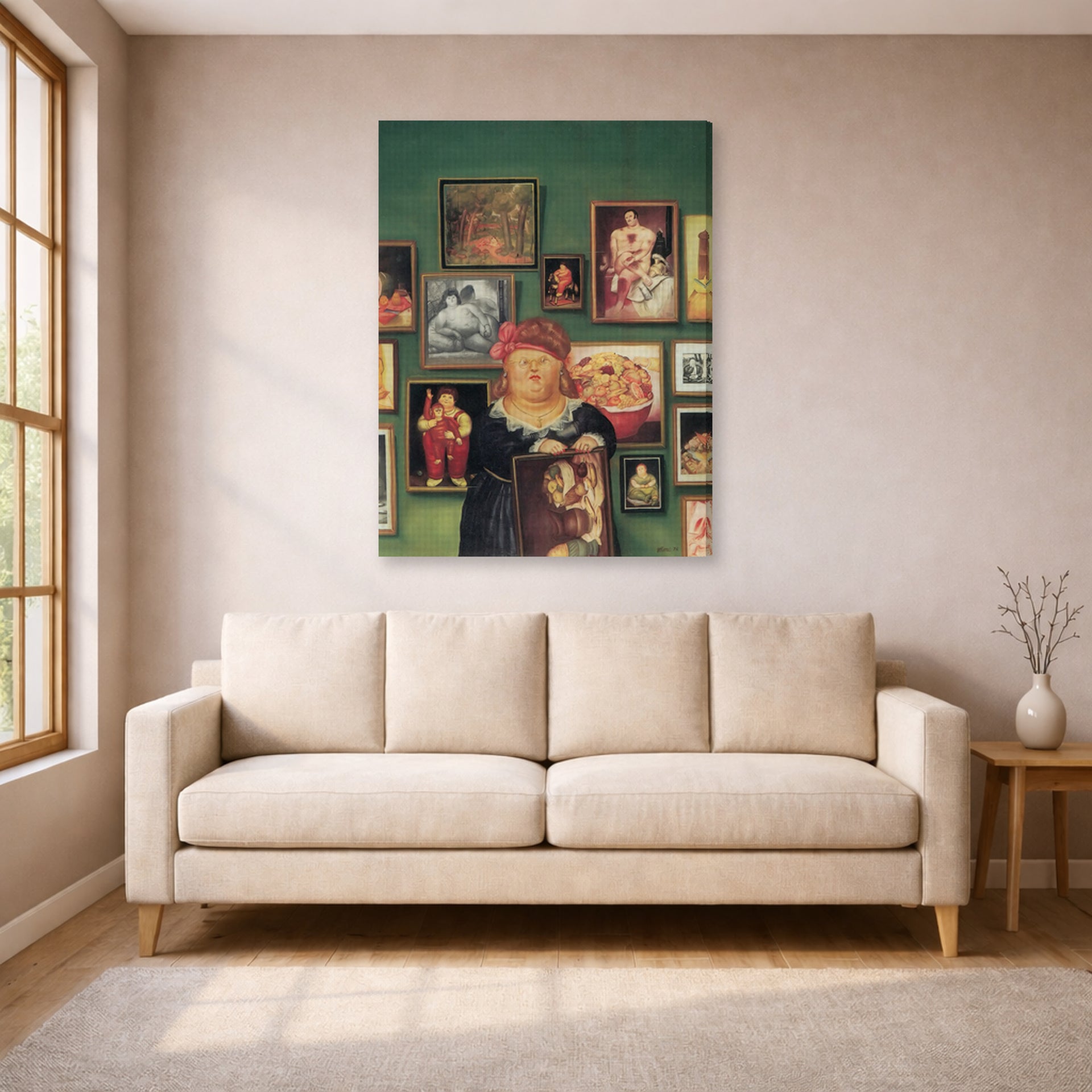 Gallery-wrapped canvas print of Fernando Botero's The Collector displayed on a wall in a living room