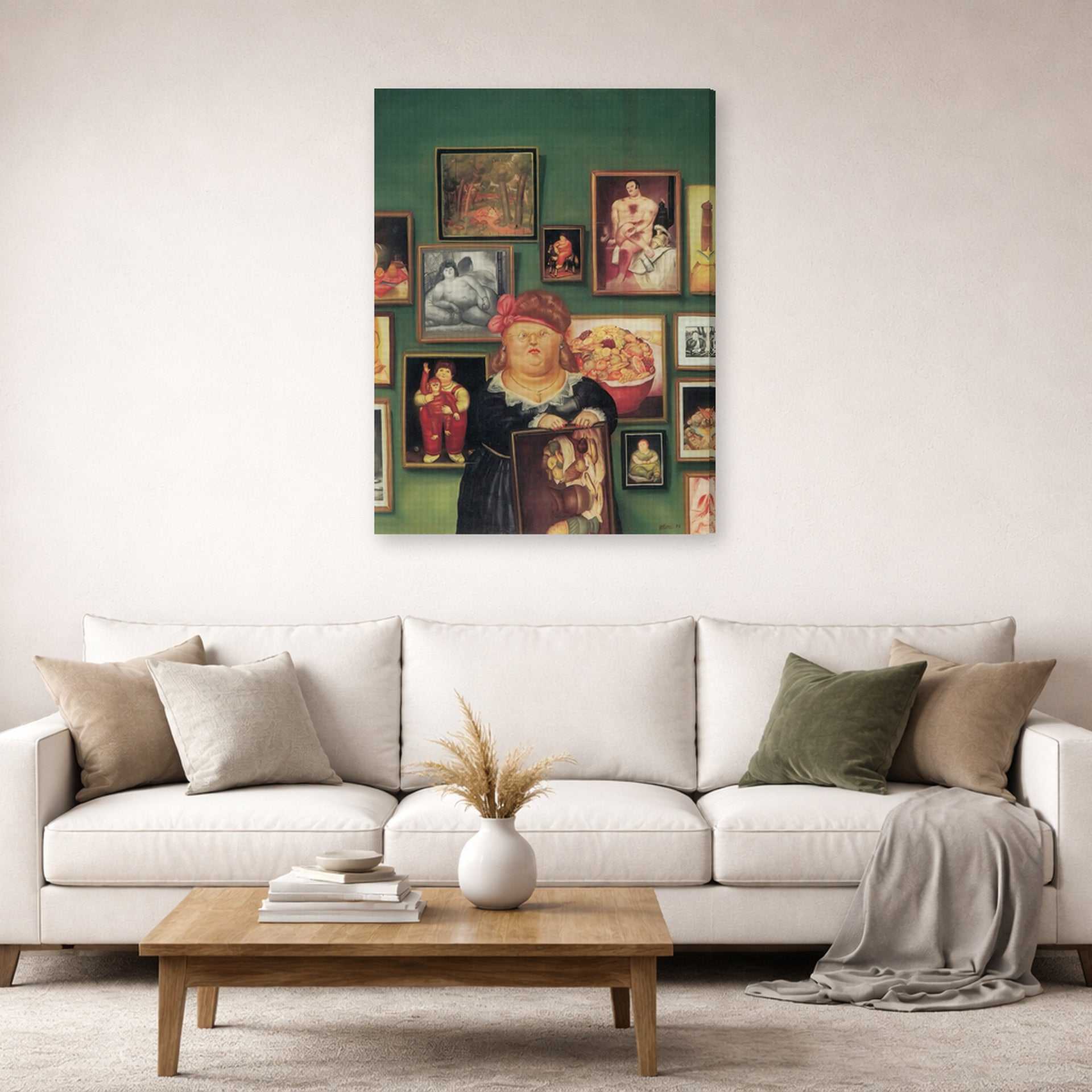 Gallery-wrapped canvas print of Fernando Botero's The Collector displayed on a wall in a living room