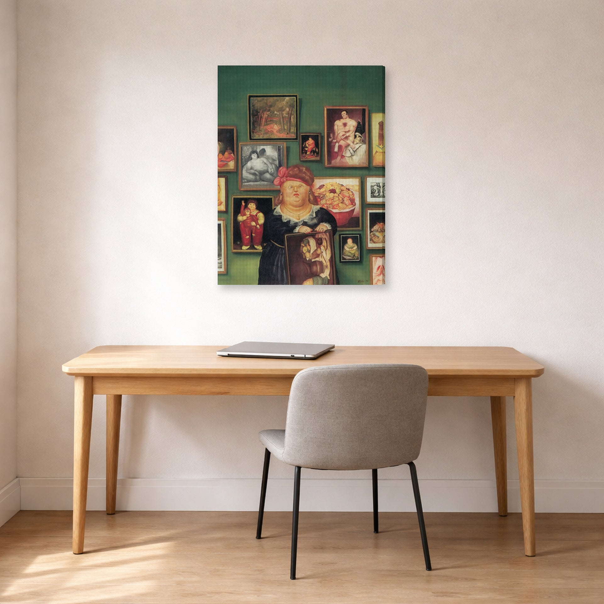 Gallery-wrapped canvas print of Fernando Botero's The Collector displayed on a wall in a home office