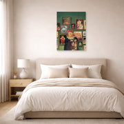 Unframed poster print of Fernando Botero's The Collector displayed on a wall in a bedroom