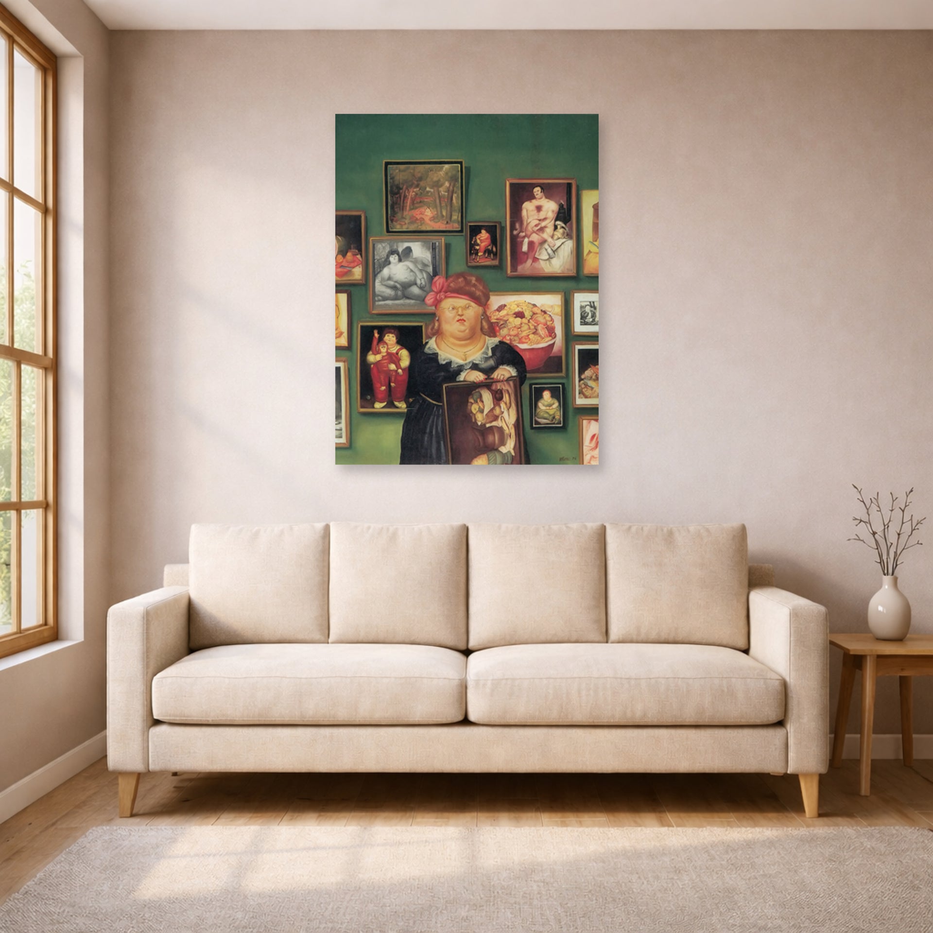 Unframed poster print of Fernando Botero's The Collector displayed on a wall in a living room