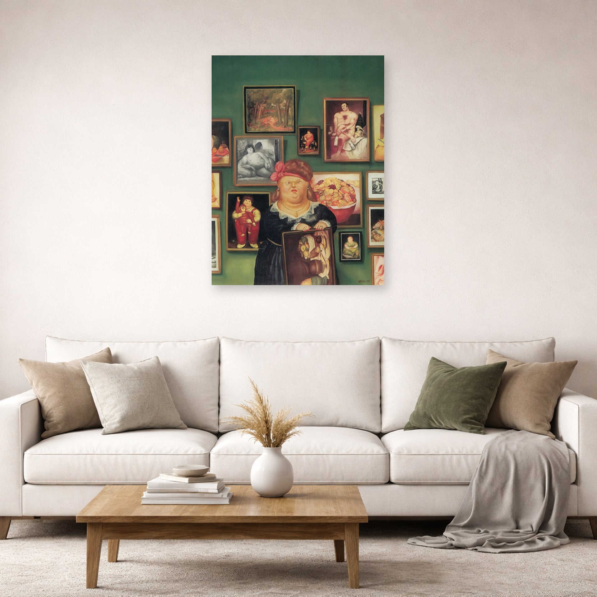 Unframed poster print of Fernando Botero's The Collector displayed on a wall in a living room