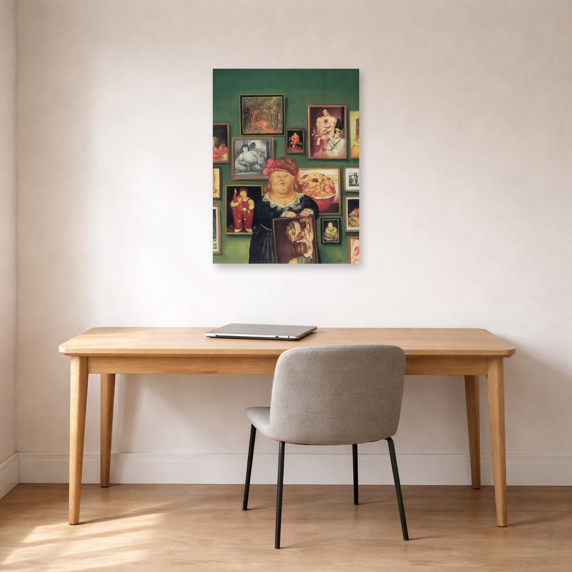 Unframed poster print of Fernando Botero's The Collector displayed on a wall in a home office