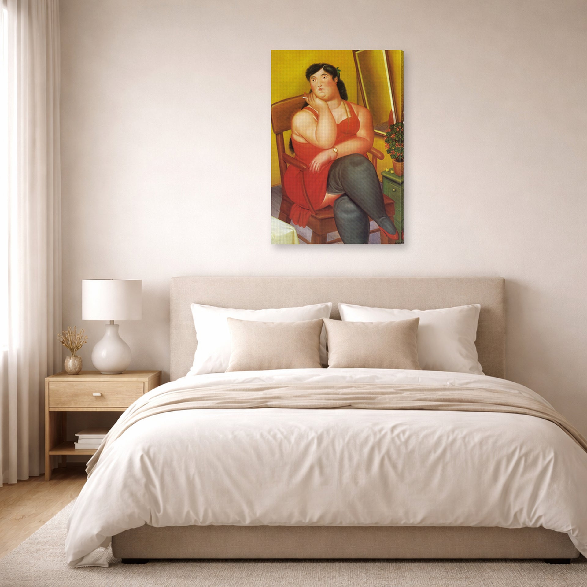 Gallery-wrapped canvas print of Fernando Botero's The Colombian Based displayed on a wall in a bedroom