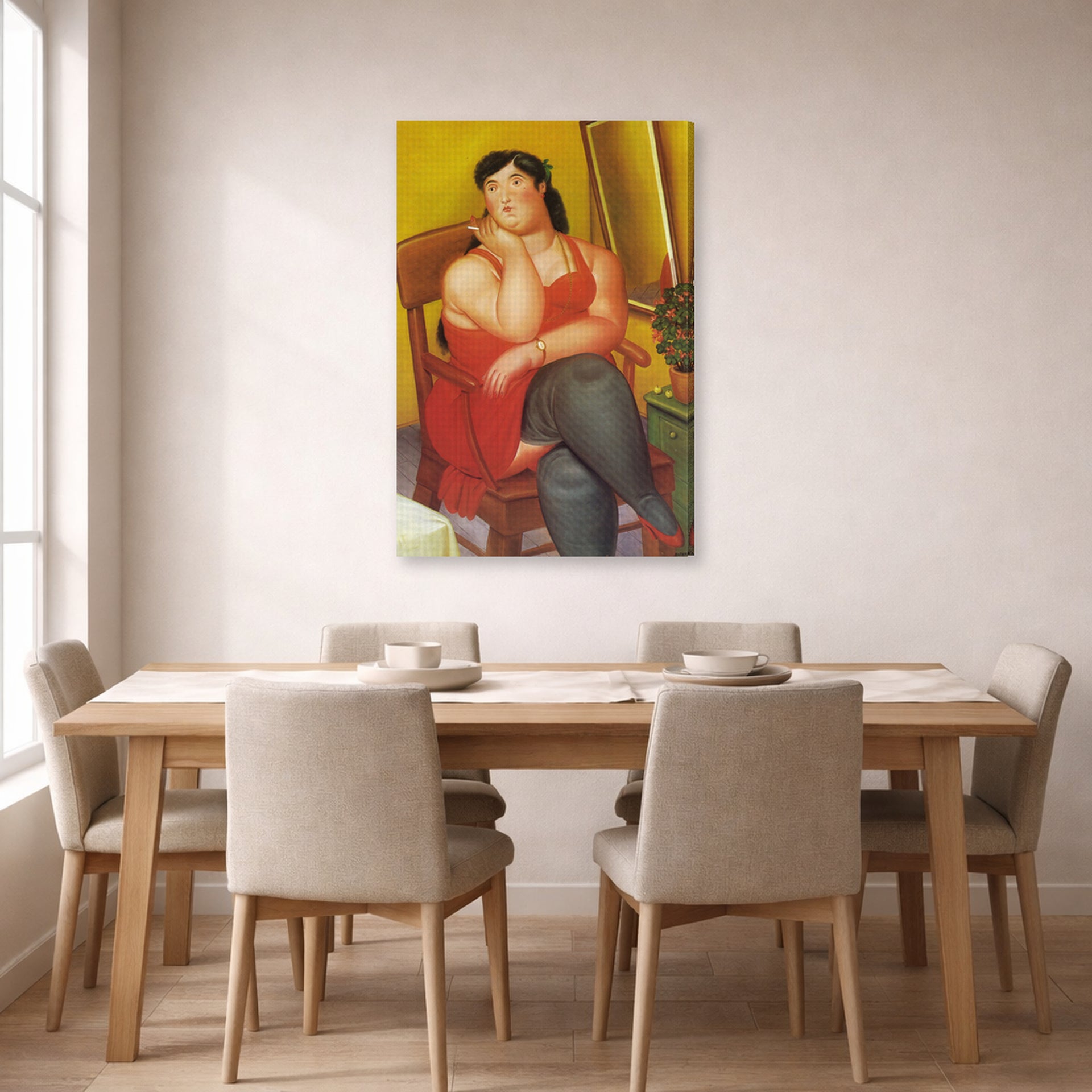 Gallery-wrapped canvas print of Fernando Botero's The Colombian Based displayed on a wall in a dining room