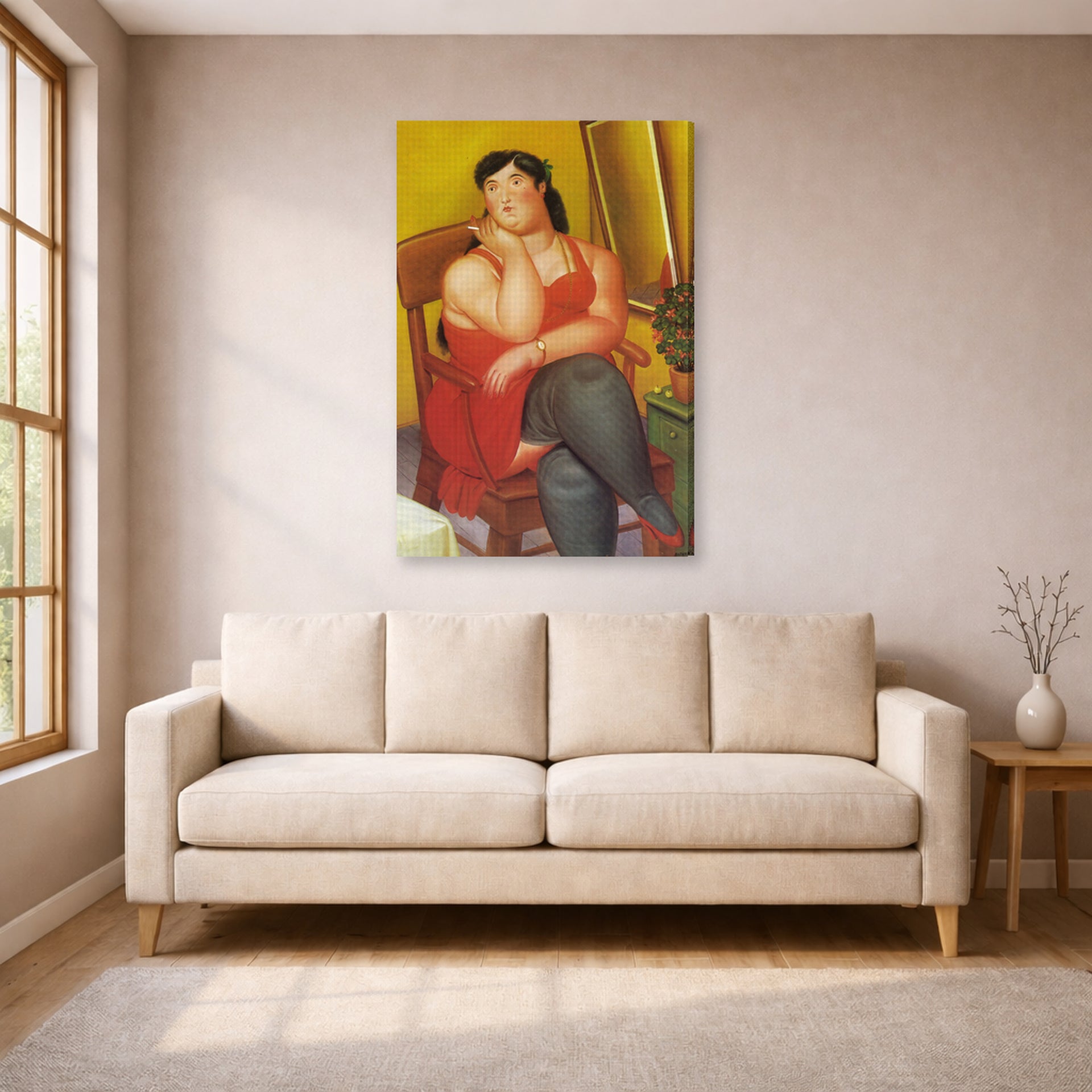 Gallery-wrapped canvas print of Fernando Botero's The Colombian Based displayed on a wall in a living room
