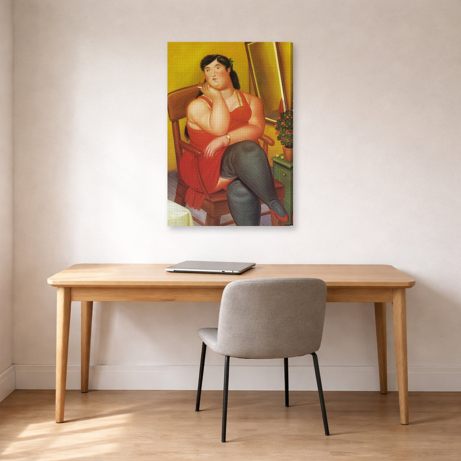 Gallery-wrapped canvas print of Fernando Botero's The Colombian Based displayed on a wall in a home office
