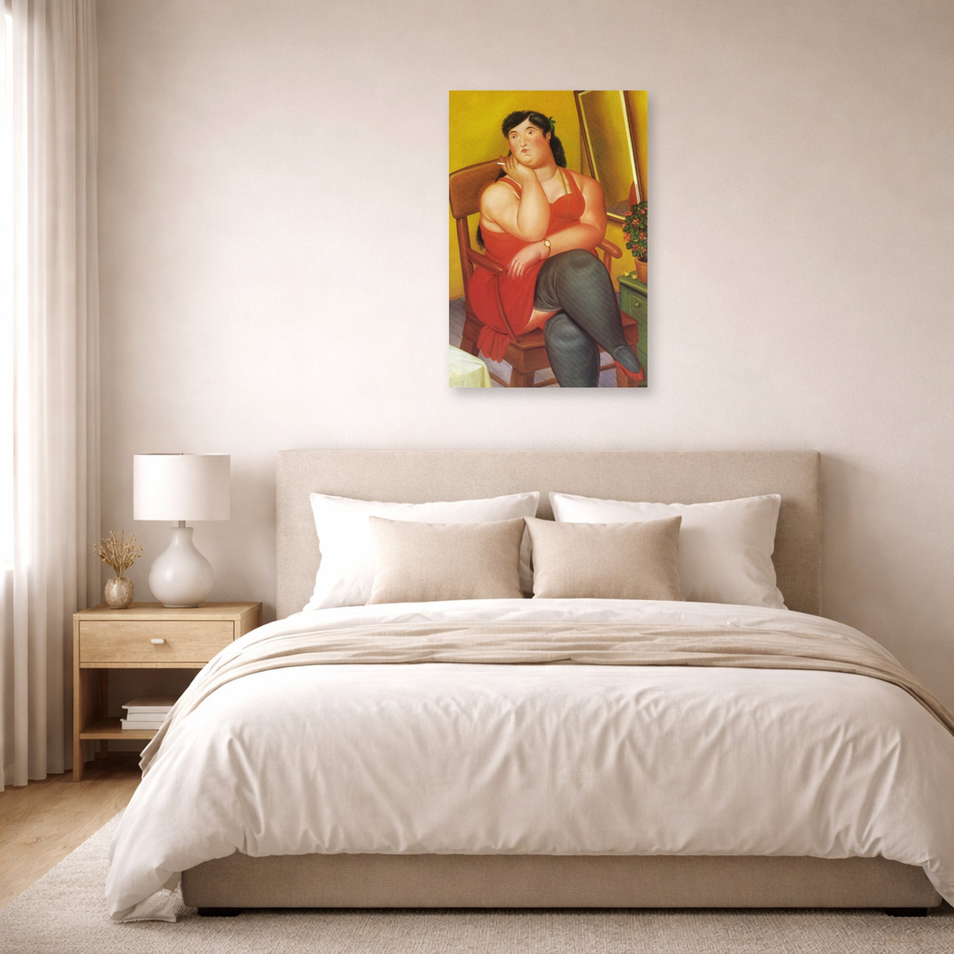 Unframed poster print of Fernando Botero's The Colombian Based displayed on a wall in a bedroom