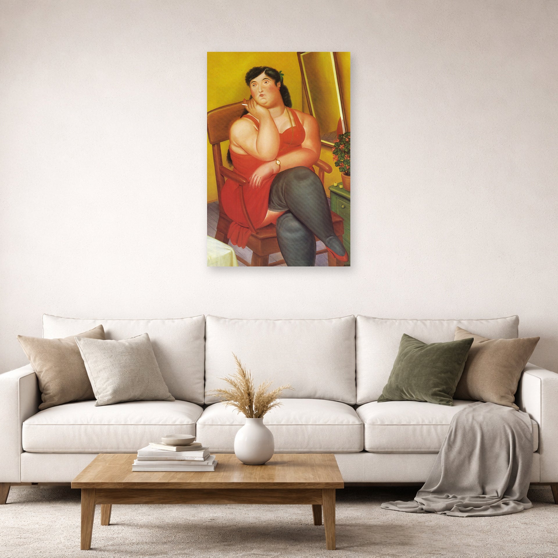 Unframed poster print of Fernando Botero's The Colombian Based displayed on a wall in a living room