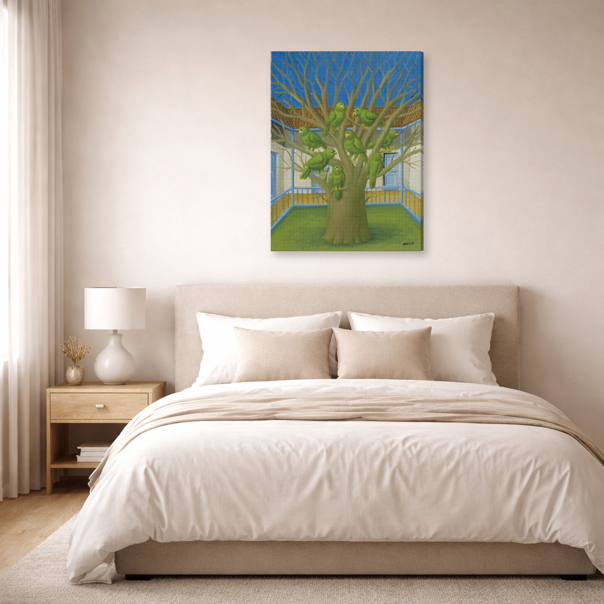 Gallery-wrapped canvas print of Fernando Botero's The Dead Tree displayed on a wall in a bedroom