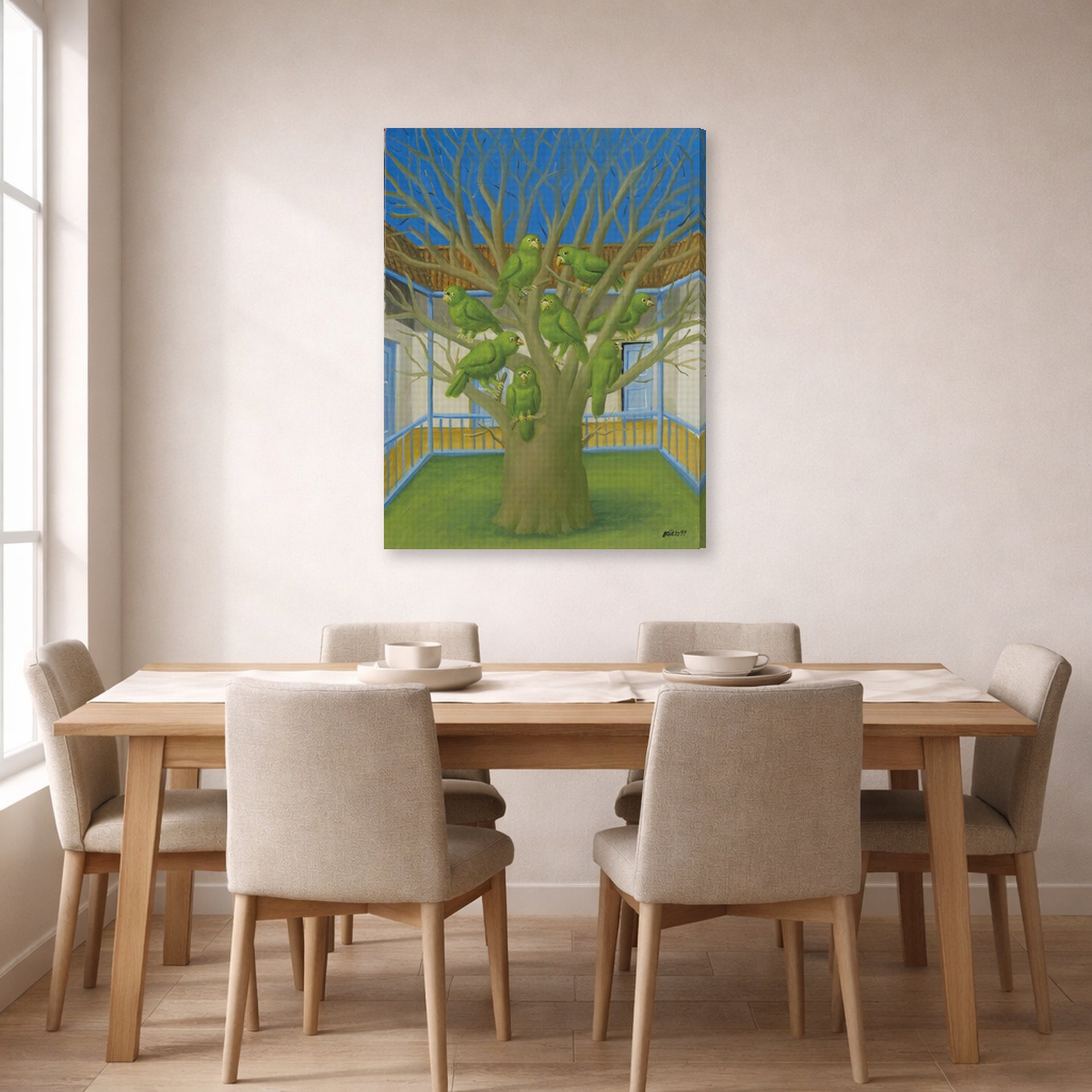 Gallery-wrapped canvas print of Fernando Botero's The Dead Tree displayed on a wall in a dining room