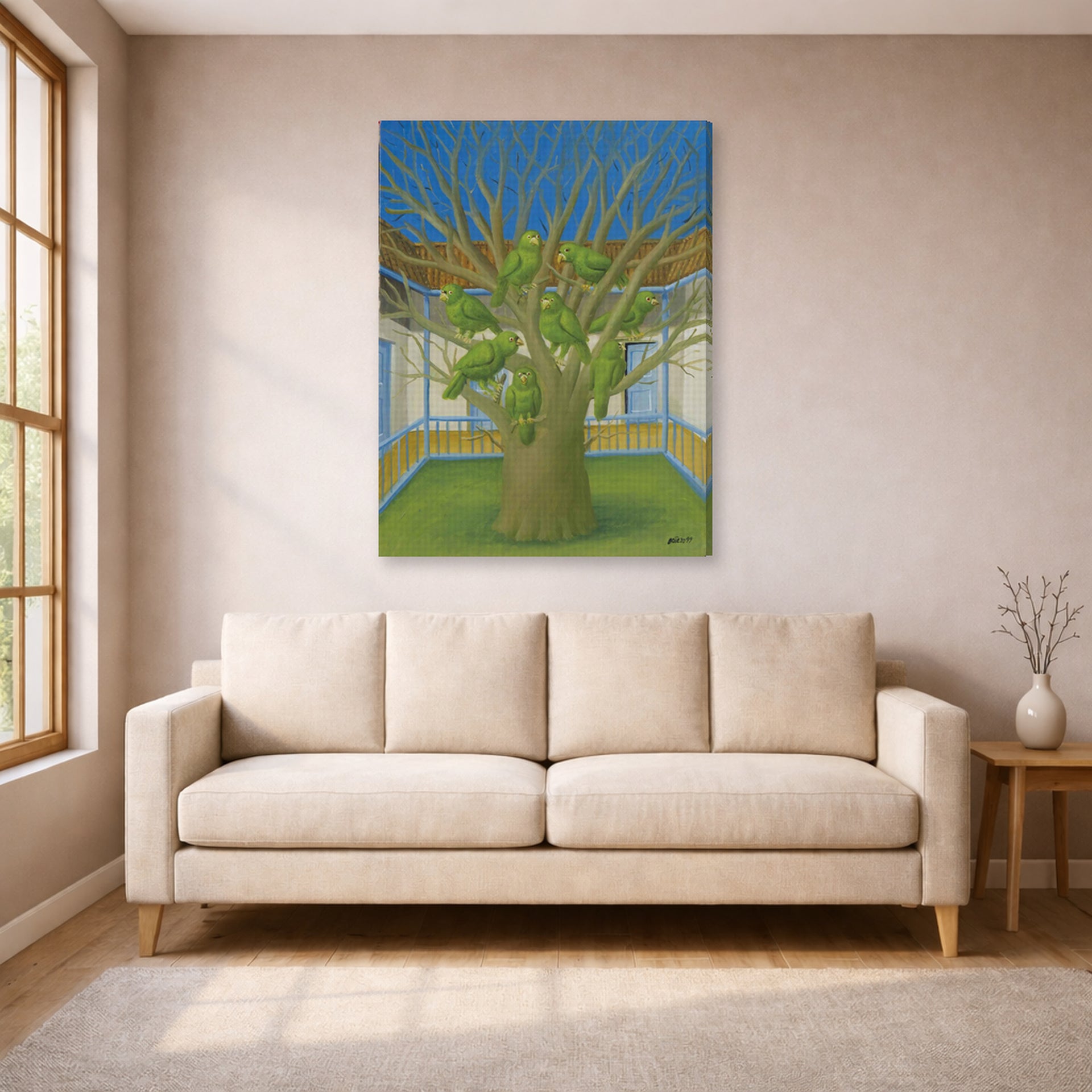 Gallery-wrapped canvas print of Fernando Botero's The Dead Tree displayed on a wall in a living room